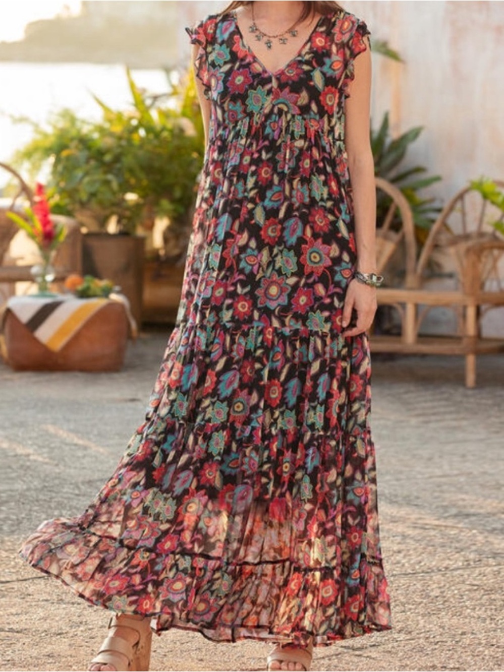 Sundance Black Floral Tiered Maxi Dress with Teal, Pink & Red